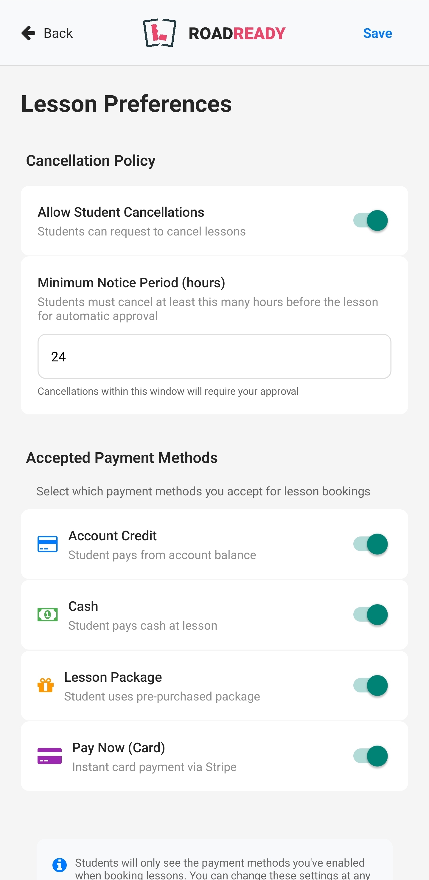 Lesson preferences