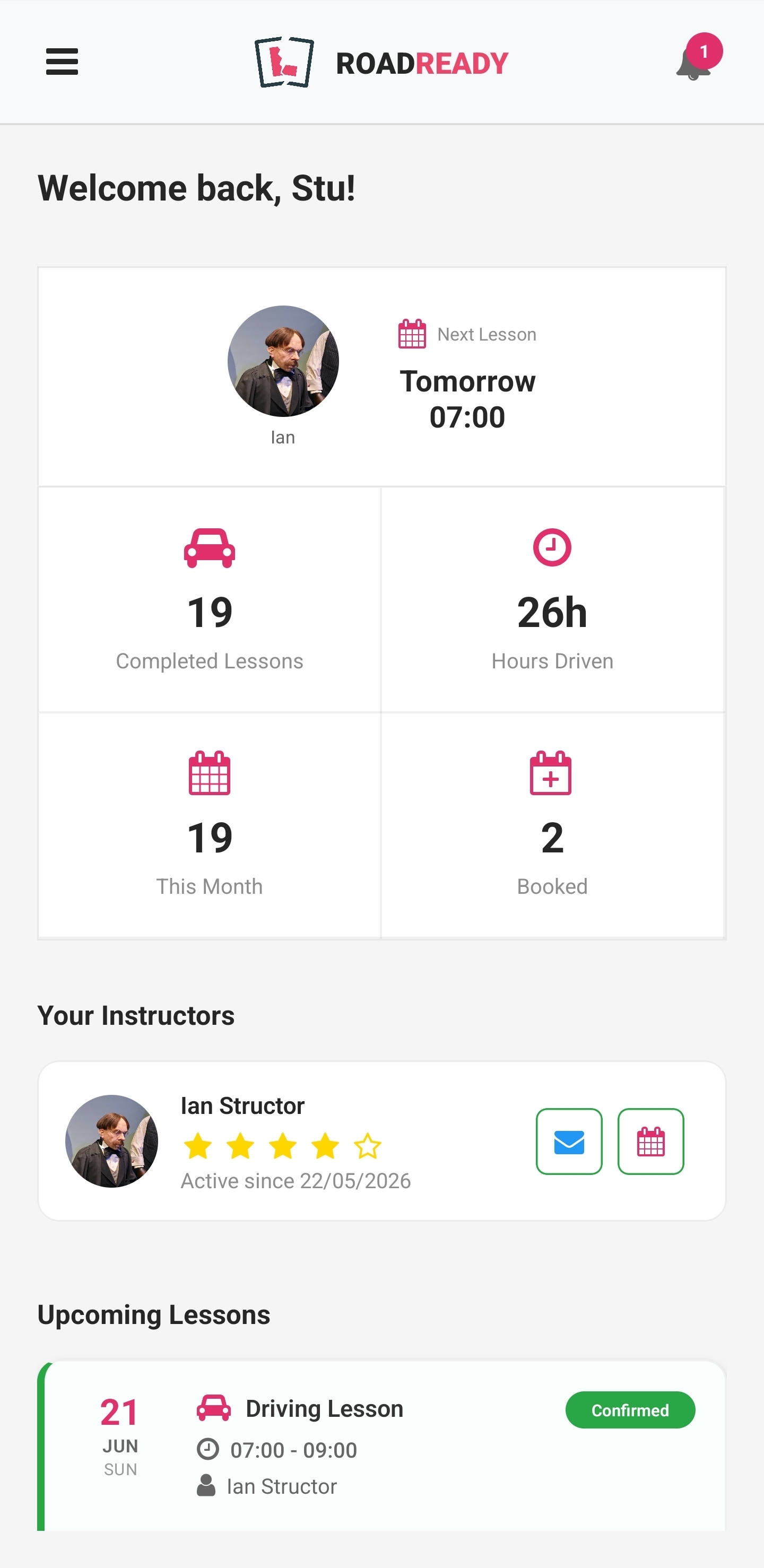 RoadReady student dashboard